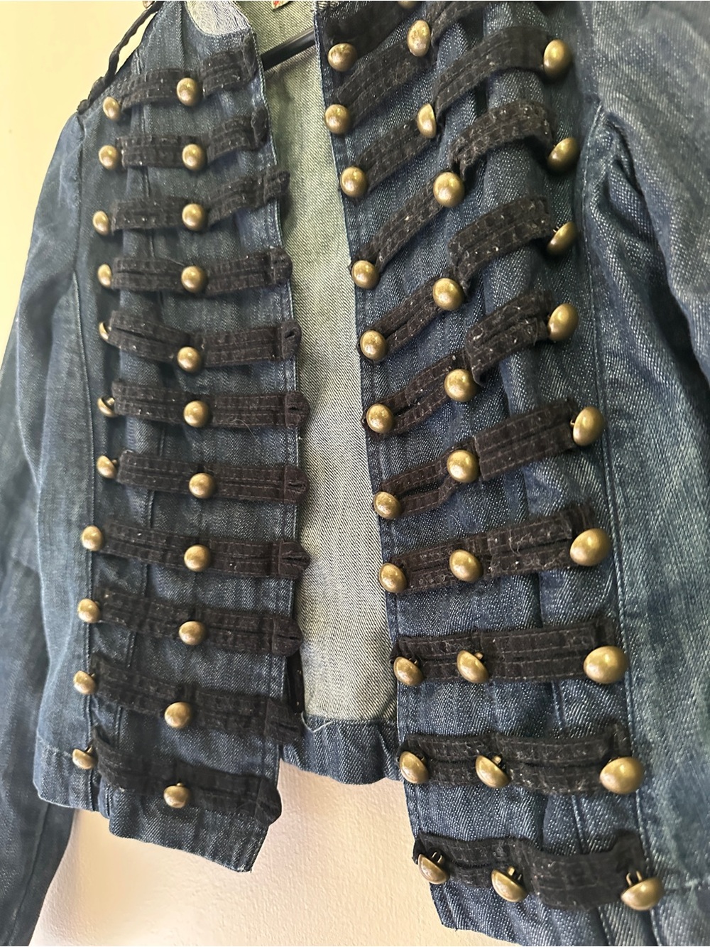 Jessica Simpson Blue Denim Military-Style Jacket with Black Trim - Picture 2 of 5